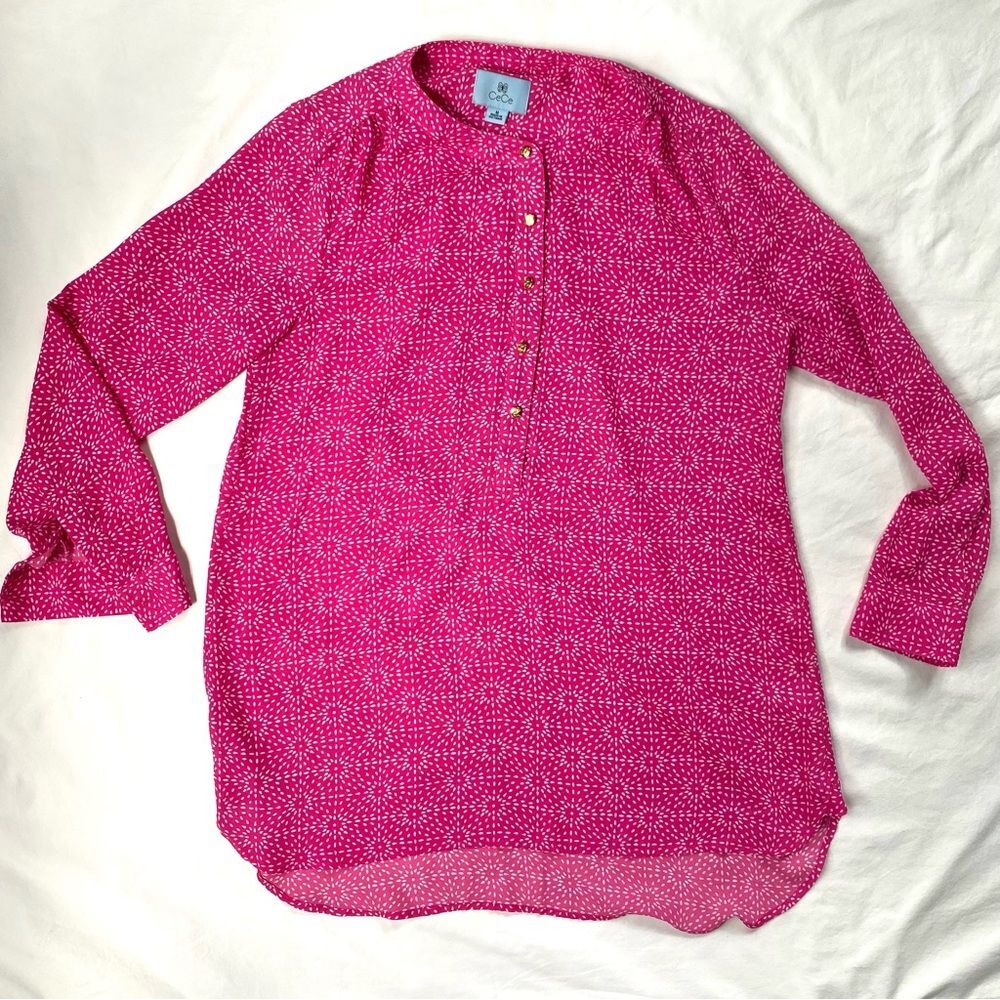 CeCe Pink Sheer Blouse White Polka Dot Starbursts Button Down Shirt Top Blouse